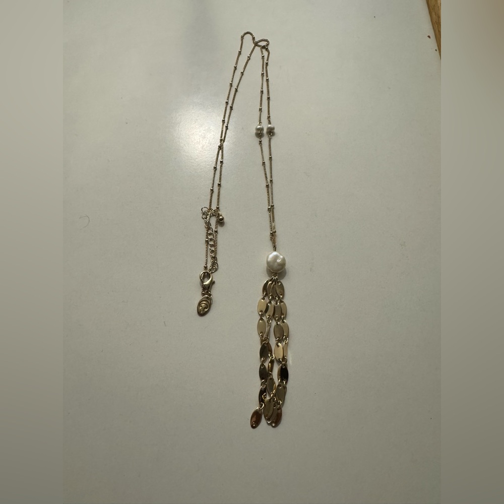 Gold tone Pearl Lariat Dangle Necklace